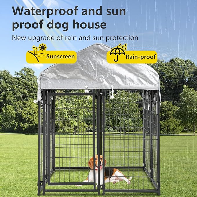 FDW 8 x 4 x 6 Ft Dog Kennel Outdoor Welded Wire Heavy Duty Playpen Dog Crate Cage with Waterproof Cover Roof and UV Resistant Pet Kennel Fence with Secure Lock, Black