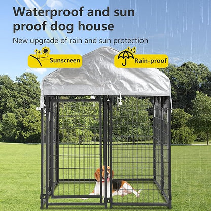FDW 8 x 4 x 6 Ft Dog Kennel Outdoor Welded Wire Heavy Duty Playpen Dog Crate Cage with Waterproof Cover Roof and UV Resistant Pet Kennel Fence with Secure Lock, Black