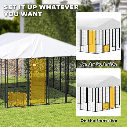 PawHut 9.8' x 9.8' x 6.8' Outdoor Dog Kennel, Welded Wire Heavy Duty Dog Run with 360° Rotating & 4 Level Adjustable Bowls, Dog Kennel Outside with Waterproof & UV Resistant Cover, for S&M&L Dogs