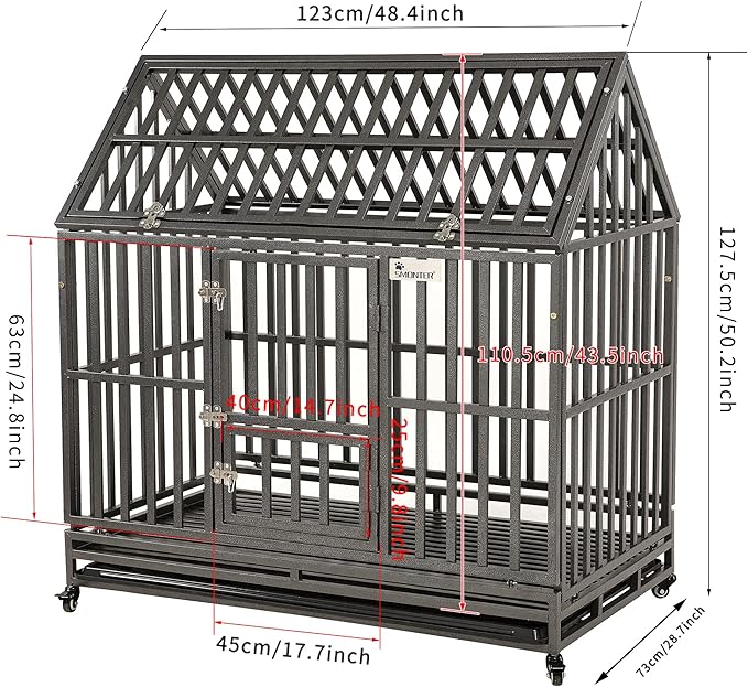 SMONTER 48" Heavy Duty Dog Crate Strong Metal Cage House Shape Pet Kennel Crate Playpen with 4 Locking Wheels