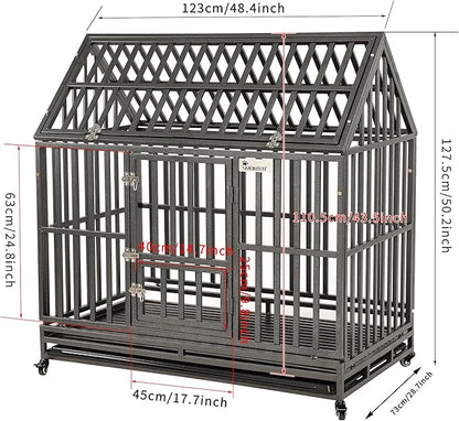 SMONTER 48" Heavy Duty Dog Crate Strong Metal Cage House Shape Pet Kennel Crate Playpen with 4 Locking Wheels