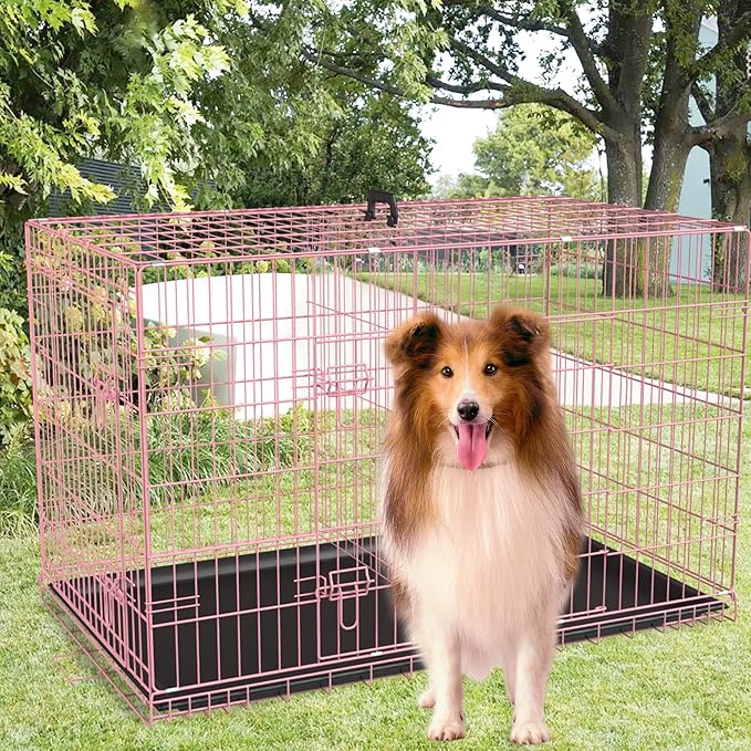 FDW Extra Large Dog Crate Dog Kennel Cage with Double Door,48 inch Folding Metal Wire Dog Cage with Removable Tray&Divider Panel,Pet Crate for Large Dogs,Pink