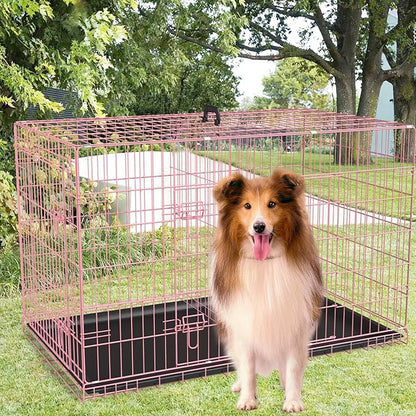 FDW Extra Large Dog Crate Dog Kennel Cage with Double Door,48 inch Folding Metal Wire Dog Cage with Removable Tray&Divider Panel,Pet Crate for Large Dogs,Pink