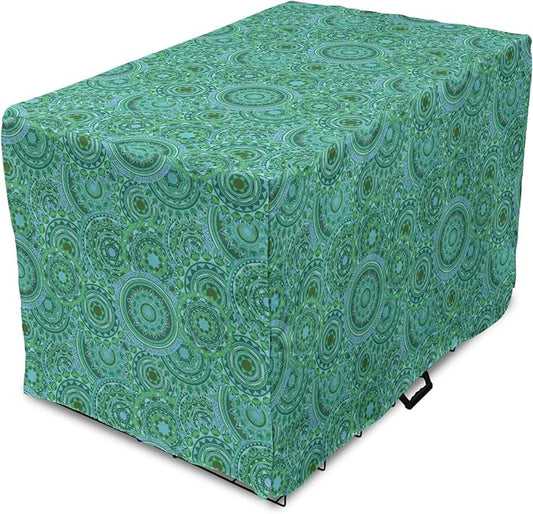 Lunarable Emerald Dog Crate Cover, Mandala Pattern with Soft Color Pattern Complex Motif Eastern Geometric Style, Easy to Use Pet Kennel Cover for Medium Large Dogs, 42 Inch, Green Blue