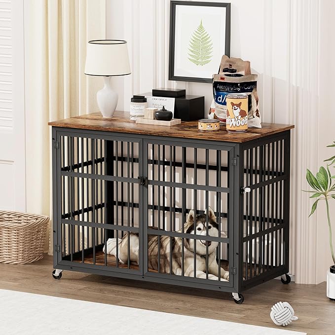 KEIKI Dog Crate Furniture, 43.3" Iron Dog Crate on Wheels with Side Openings, Double-Door Dog House for Small/Medium/Large Dog, Rustic Brown