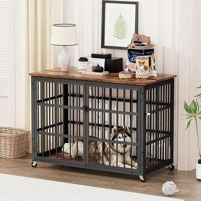 KEIKI Dog Crate Furniture, 43.3" Iron Dog Crate on Wheels with Side Openings, Double-Door Dog House for Small/Medium/Large Dog, Rustic Brown