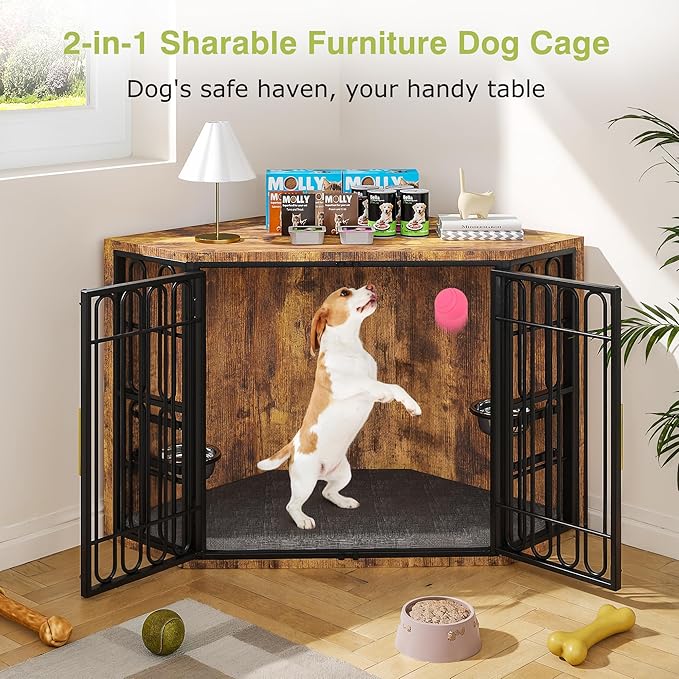 VECELO Corner Dog Crate Furniture, 43.3" Indoor Dog Kennel Indoor with Cushion & 2 Removable Trays, Wooden Dog Cage Decorative Pet House End Table for Large/Medium Dogs,Brown