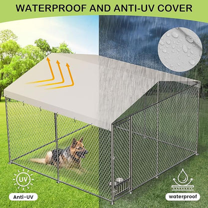 10x10x7 Ft Outdoor Dog Kennel, Heavy Duty Outside Dog Kennel with Waterproof and Anti-UV Roof Cover, Large Dog Enclosures with Feeder for Backyard