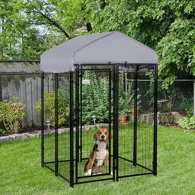 PawHut Outdoor Dog Kennel with Roof, 4' x 4' x 6' Heavy Duty Welded Wire Dog Playpen Enclosure with Escape-Proof Lock, UV-Resistant & Waterproof Cover, for Medium Dogs, Silver