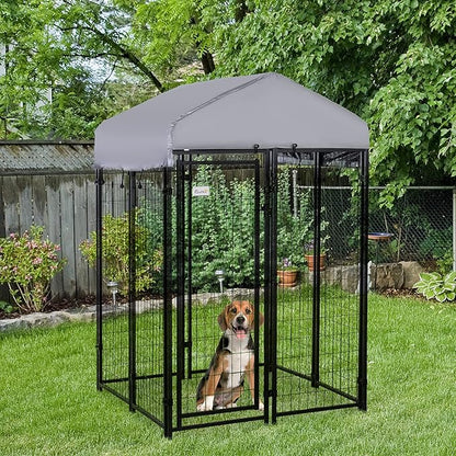 PawHut Outdoor Dog Kennel with Roof, 4' x 4' x 6' Heavy Duty Welded Wire Dog Playpen Enclosure with Escape-Proof Lock, UV-Resistant & Waterproof Cover, for Medium Dogs, Silver