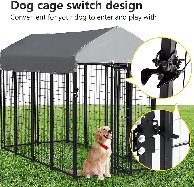 FDW 8 x 4 x 6 Ft Dog Kennel Outdoor Welded Wire Heavy Duty Playpen Dog Crate Cage with Waterproof Cover Roof and UV Resistant Pet Kennel Fence with Secure Lock, Black