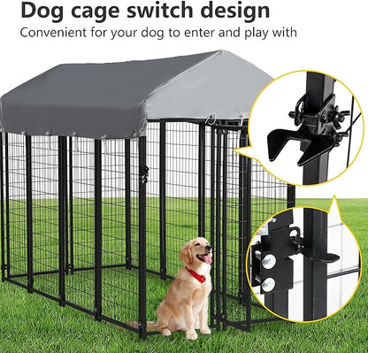FDW 8 x 4 x 6 Ft Dog Kennel Outdoor Welded Wire Heavy Duty Playpen Dog Crate Cage with Waterproof Cover Roof and UV Resistant Pet Kennel Fence with Secure Lock, Black