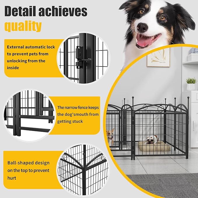 24" H Dog Crate Dog Playpen 8 Panels Furniture Heavy Duty Dog Fence Door with Side Openings,for Large Medium Small Dogs Indoor Outdoor Foldable Pet Exercise Pen,Black