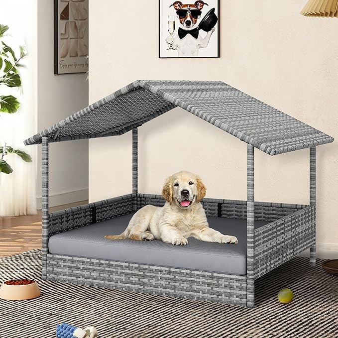 YITAHOME Large Wicker Dog House with Cushion Outdoor Indoor Rattan Doghouse Elevated Raised Dog Bed with Canopy Water Resistant Dog Cot for Small, Medium, and Large Dogs, Gray