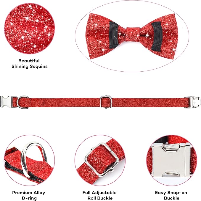Bling Bow Tie Dog Collar and Leash Set, Red Christmas Dog Collar with Bow and 5ft Leash for Puppy Small Dogs, Cute Walking Boy and Girl Dog Collar Set (Neck fit 9-12’’)