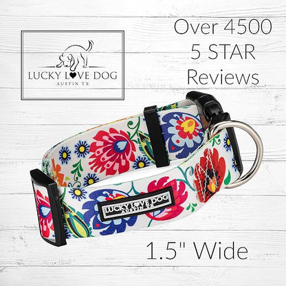 Lucky Love Dog Wide Dog Collar - Adjustable, Durable, Soft Webbing, & Comfortable 1.5 inch Wide Collar for Dogs Male and Female - in Ladybird Pattern with Strong Buckle, Medium Size