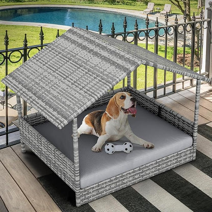 YITAHOME Large Wicker Dog House with Cushion Outdoor Indoor Rattan Doghouse Elevated Raised Dog Bed with Canopy Water Resistant Dog Cot for Small, Medium, and Large Dogs, Gray