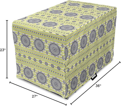 Lunarable Bohemian Mandala Dog Crate Cover, Floral Sun Motif on Brush Drawn Stripes with Dots, Easy to Use Pet Kennel Cover for Medium Large Dogs, 36 Inch, Night Blue Yellow