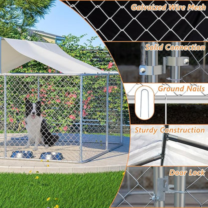 Outdoor Dog Enclosure,Heavy Duty Dog Kennel House Mesh Outside,Galvanized Chain Link Dog Run with Roof,Dog Cage Large Dogs,Dog Pen,Pet Kennel W/Waterproof Anti-UV Cover&Secure Lock for Large Dog