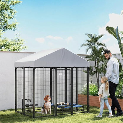 PawHut Outdoor Dog Kennel, 5.9' x 4' x 6' Heavy Duty Welded Wire Dog Playpen Enclosure with Roof, Escape-Proof Lock, UV-Resistant & Waterproof Cover, for Medium Dogs, Silver