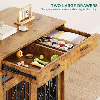 YITAHOME Dog Kennel Furniture for 2 Dogs, 39 inch Double Dog Crate with Storage Drawers, Indoor Wooden Dog House Heavy Duty for 2 Small Medium Dogs, Brown