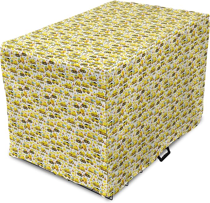 Lunarable Cartoon Dog Crate Cover, Construction Vehicles Style Machines Safety Building Theme, Easy to Use Pet Kennel Cover for Cats & Medium Dogs, 30 Inch, Yellow White Black