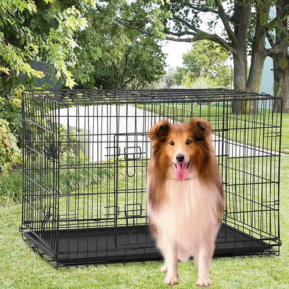 FDW Extra Large Dog Crate Dog Kennel Cage with Double Door,48 inch Folding Metal Wire Dog Cage with Removable Tray&Divider Panel,Pet Crate for Large Dogs,Black