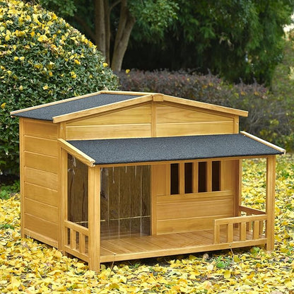 Merax 47.2" Outdoor & Indoor Wooden Dog House, Pet Kennel with Porch, Solid Wood, Weatherproof, Medium, Nature