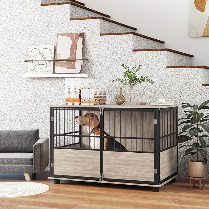 PawHut 39.5" Dog Crate Furniture End Table, Wooden Dog Kennel Indoor Pet House with 3 Doors, for Small to Large Dogs
