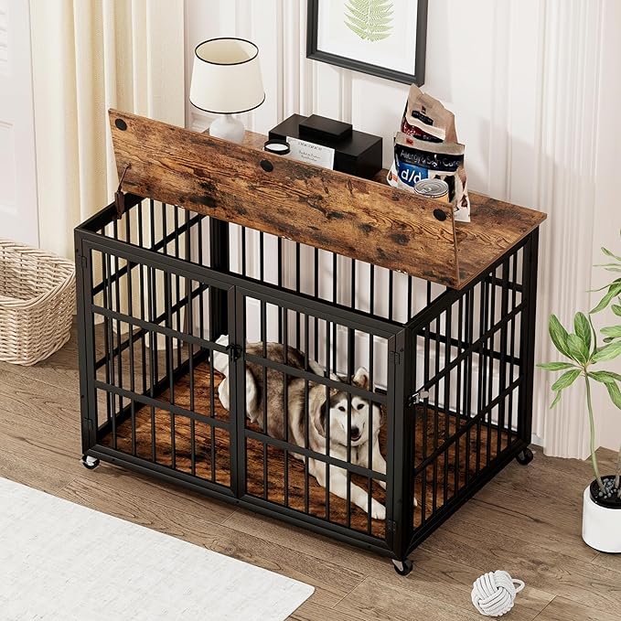 KEIKI Dog Crate Furniture, 43.3" Iron Dog Crate on Wheels with Side Openings, Double-Door Dog House for Small/Medium/Large Dog, Rustic Brown