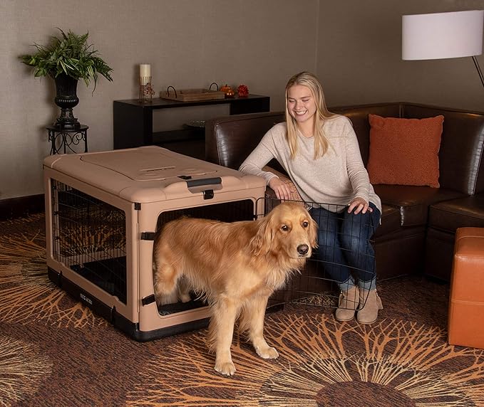 Pet Gear “The Other Door” 4 Door Steel Crate for Dogs/Cats with Garage-Style Door, Includes Plush Bed + Travel Bag, No Tools Required, Beige