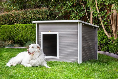 New Age Pet ECOFLEX Rustic Lodge Jumbo Dog House - Grey, Wood Plastic Composite, Easy Assembly, Elevated Floor, Fits Dogs Up to 175lbs, Door Flap Optional, 10-Year Warranty