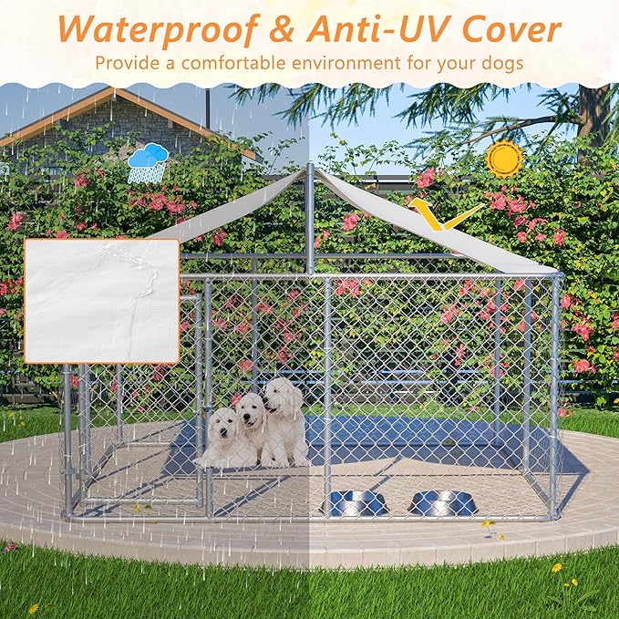 Outdoor Dog Enclosure,Heavy Duty Dog Kennel House Mesh Outside,Galvanized Chain Link Dog Run with Roof,Dog Cage Large Dogs,Dog Pen,Pet Kennel W/Waterproof Anti-UV Cover&Secure Lock for Large Dog