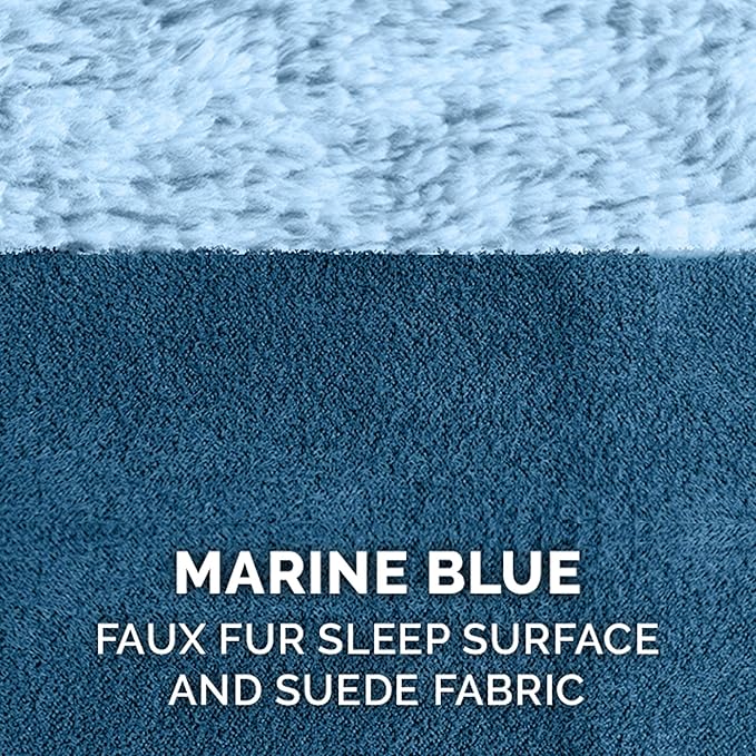 Furhaven Orthopedic Dog Bed for Large Dogs w/ Removable Bolsters & Washable Cover, For Dogs Up to 95 lbs - Two-Tone Plush Faux Fur & Suede L Shaped Chaise - Marine Blue, Jumbo/XL