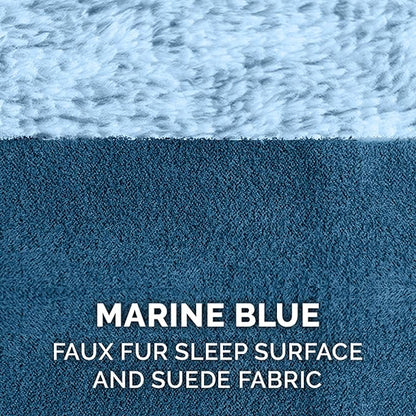 Furhaven Memory Foam Dog Bed for Large/Medium Dogs w/ Removable Bolsters & Washable Cover, For Dogs Up to 55 lbs - Two-Tone Plush Faux Fur & Suede L Shaped Chaise - Marine Blue, Large