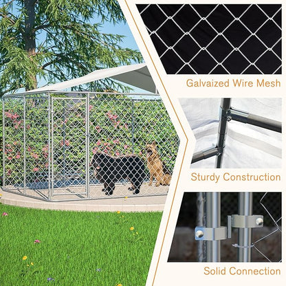 Large Outdoor Dog Kennel, Heavy Duty Galvanized Steel Dog Enclosure, Chicken Coop w/Waterproof UV-Resistant Cover, Lockable Door Chain Link for Small & Large Pets, Backyard-157.2" L x 91.2" W x 90" H