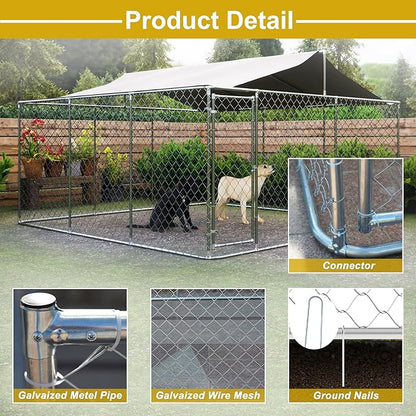 Large Outdoor Dog Cage with UV and Waterproof Cover,Metal Galvanized Rustproof Outdoor Puppy Fence,W/Security Door,Heavy Duty Kennel for Farm & Garden,Silver 13.1'Lx13.1'Wx5.8'H