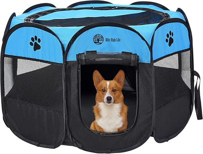 Mile High Life | Foldable Dog Playpen | Portable Dog Crate w Removable Shade Cover | Dog Kennel Indoor/Outdoor w Carry Case | Pen Tent for Dog/Cat/Rabbit(Blue+Black, Small (29"x29"x17"))