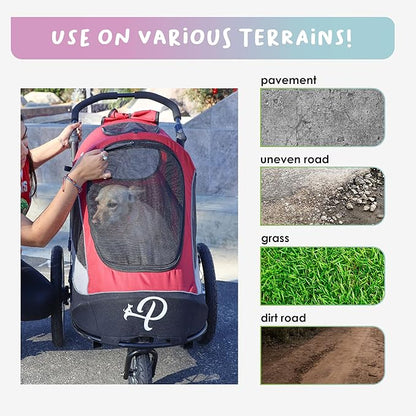 Petique Trailblazer Pet Jogger/Stroller, Bike Trailer, Shock Absorbing Bike Wheels, Large Entry Way, Peek-a-Boo Window, Small/Medium/Large Dogs, Cats and Pets, Supports up to 77LBS - Mars (Red)