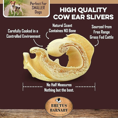 BRUTUS & BARNABY Cow Ears for Dogs; Ear Slivers are Great for Puppy Teething, Single Ingredient Beef Ear Slivers for Small to Medium Size Dogs (100grams)