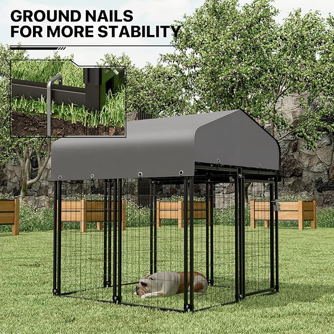 MoNiBloom Outdoor Dog Kennels for Small/Medium Dogs, Weatherproof Dog Pen Run with Cover and Rotating Feeding Door, 4.6ft High Expandable Dog Playpen for Outside Yard, 8 Panels with Powder Coating