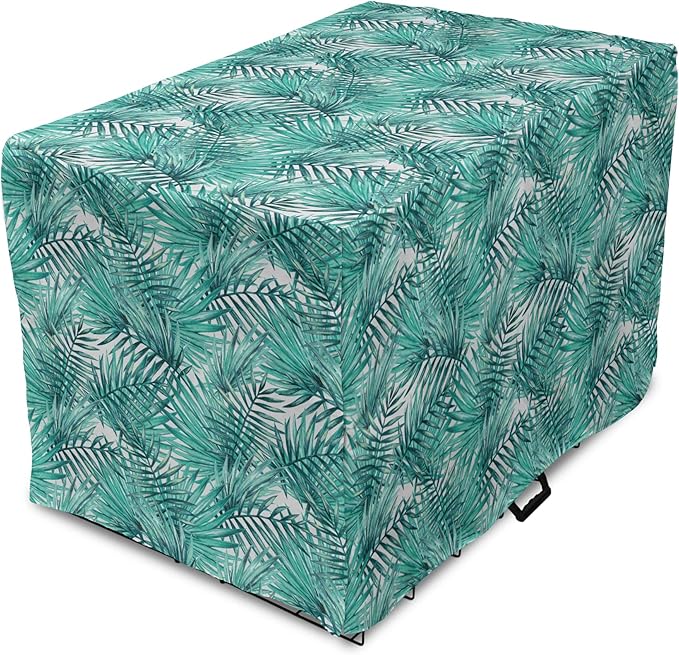 Lunarable Leaf Dog Crate Cover, Fresh Tropical Exotic Island Palm Tree Leaves in Jungle Abstract Watercolor, Easy to Use Pet Kennel Cover for Medium Large Dogs, 42 Inch, Pale Blue and Green