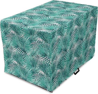 Lunarable Leaf Dog Crate Cover, Fresh Tropical Exotic Island Palm Tree Leaves in Jungle Abstract Watercolor, Easy to Use Pet Kennel Cover for Medium Large Dogs, 42 Inch, Pale Blue and Green