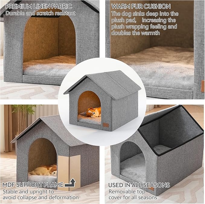 Indoor Dog House with Washable Plush Cushion - Large Size for Dogs & Cats Up to 44 Pounds