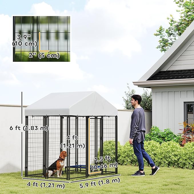 PawHut Outdoor Dog Kennel, 5.9' x 4' x 6' Heavy Duty Welded Wire Dog Playpen Enclosure with Roof, Escape-Proof Lock, UV-Resistant & Waterproof Cover, for Medium Dogs, Silver