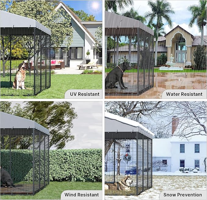Kurapika Large Dog Kennel Outdoor Heavy Duty Dog Crate, Metal Frame Dog Fence with Secure Double-Lock Design, Easy Assembly, Weatherproof UV-Resistant Roof 118" L x 118" W x 70.9" H