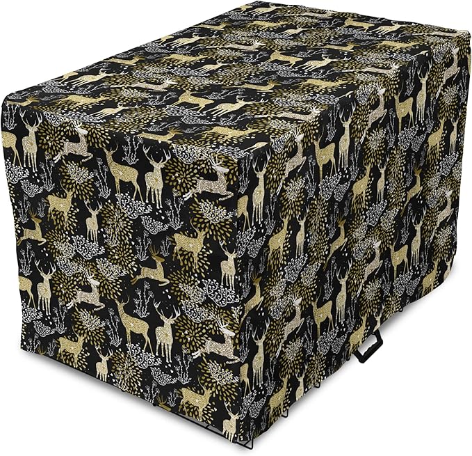 Ambesonne Christmas Dog Crate Cover, Nature Woodland and Deer Silhouettes with Oriental Ornaments Design, Easy to Use Pet Kennel Cover for Medium Large Dogs, 42 Inch, Yellow White Black