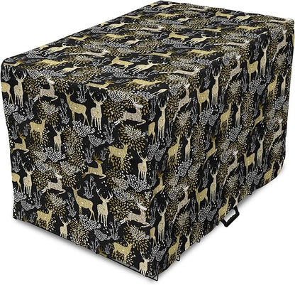 Ambesonne Christmas Dog Crate Cover, Nature Woodland and Deer Silhouettes with Oriental Ornaments Design, Easy to Use Pet Kennel Cover for Medium Large Dogs, 42 Inch, Yellow White Black