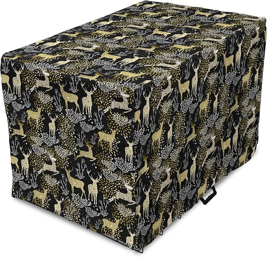 Ambesonne Christmas Dog Crate Cover, Nature Woodland and Deer Silhouettes with Oriental Ornaments Design, Easy to Use Pet Kennel Cover for Medium Large Dogs, 42 Inch, Yellow White Black