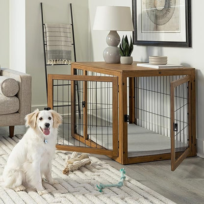 Furniture-Style Dog Crate - Acacia Wood Kennel for Large Dogs with Double Doors and Cushion - Dog Kennel Furniture by PETMAKER (Natural)